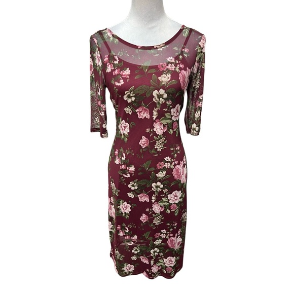 rags to wishes Dresses & Skirts - Rags to Wishes Women’s Plum Floral Print Short Sleeve Dress w/ Sheer Overlay